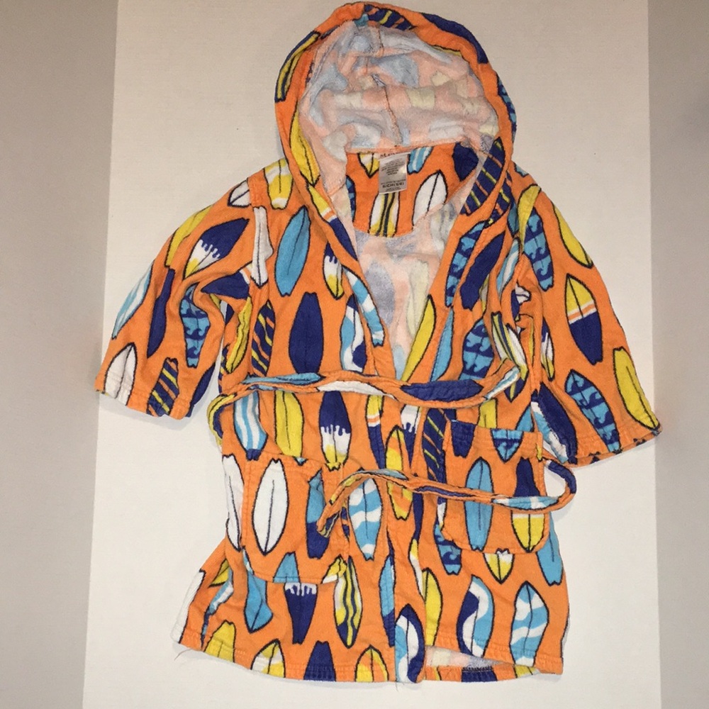 Orange Hooded Kids Robe with Surfboard Print